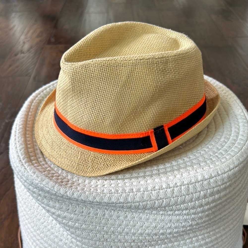 Tan Fedora Hat with Orange and Navy Band